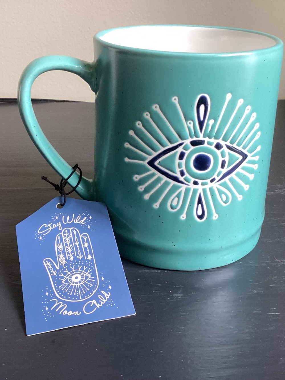 NEW Handpainted Ceramic Turquoise Evil Eye Stay Wild Moon Child 18oz Coffee Mug